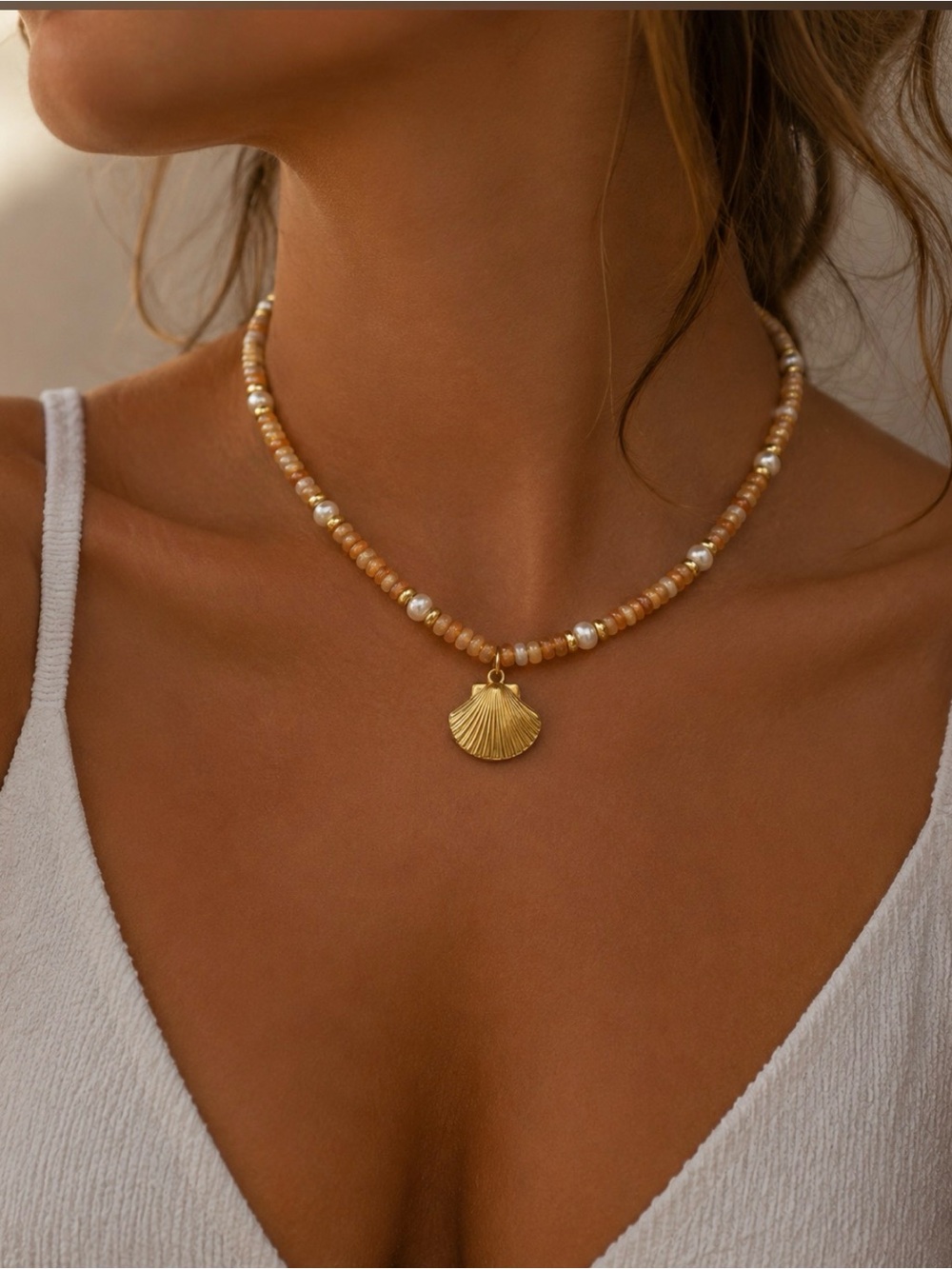 Elan Gold Shell Pendant Necklace with Warm Tan Beads